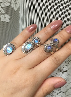 尼泊尔天然月光石复古925银戒指