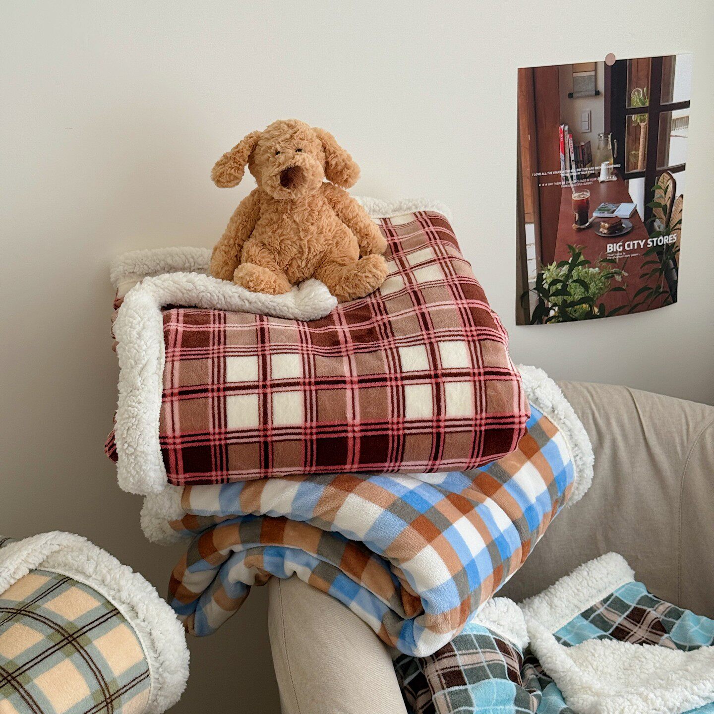 月亮睡了复古风格子秋冬加绒羊羔绒牛奶绒毛毯多功能毯子学生卧室