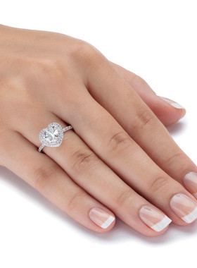 银镀铂金立方氧化锆爱心订婚戒指