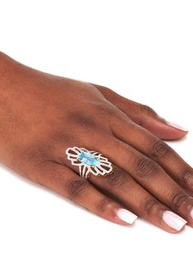 托帕石925银镀14k黄金镂空花戒指