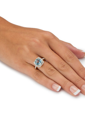 蓝色托帕石(黄玉)/立方氧化锆/925银镀14k黄金戒指美国代购58863