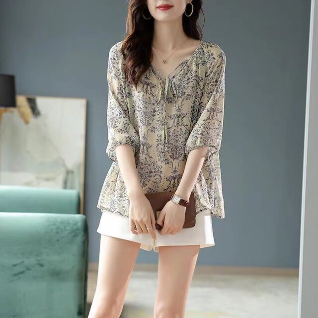 ເສື້ອເຊີດ chiffon lace-up ຄໍ V ສໍາລັບແມ່ຍິງ, ບາງ, ເສື້ອ summer ຫຼຸດຜ່ອນອາຍຸ