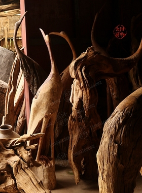 落地根雕仙鹤摆件店铺入口装饰木艺枯山水侘寂风造景木器收藏木雕