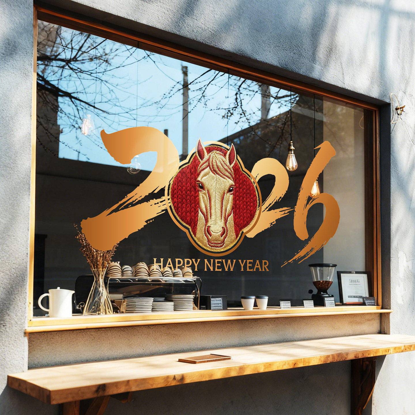 金色刺绣风格马头玻璃门贴马年别致剪纸窗花2026迎春男装店门头贴,淘宝优惠券,粉丝福利购,淘宝优惠卷