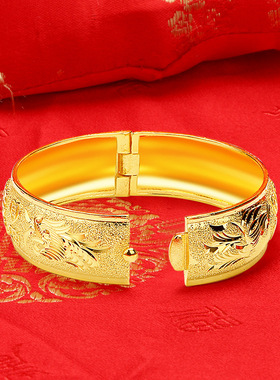 永结同心正囍手镯结婚三金手工雕刻暗扣仿真新娘镀金镯子陪嫁三金