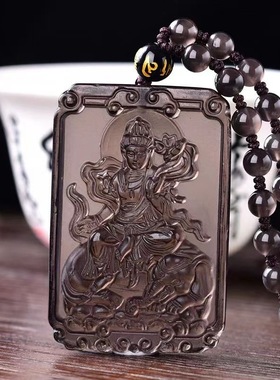 冰种黑曜石十二生肖本命佛方型吊坠黑曜石八大守护神项链纯天然