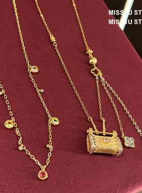 挖到宝了~中古金色锁包四叶花吊坠项链女彩色圆钻重工锁骨链颈链