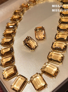 奢华重工欧美高级感满钻浅咖啡色大方钻锆石镶嵌礼服项链耳环套装