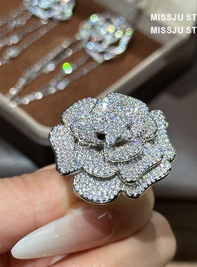 复古气质山茶花满钻戒指奢华玫瑰花立体花朵指环晚宴礼服手饰女戒