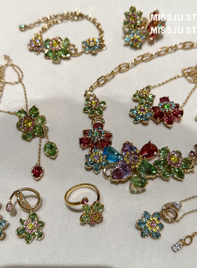 彩色锆石水晶项链耳环手链套装精致质感高级锁链女气质吊坠时尚