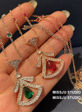 鞠婧祎王鸥同款红绿宝石小裙子项链耳环女奢华感扇形耳坠锆石耳饰