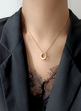 极简法式时髦金圈圈钛钢项链女