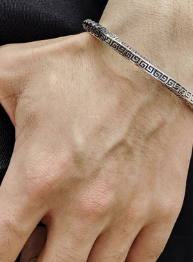 回纹手镯纯银男女实心开口可调节