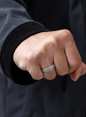 男女款古巴链条素圈纯银戒指转动