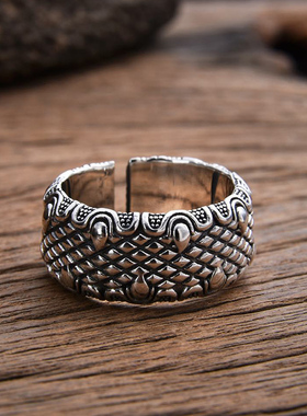 纯银龙爪戒指男女宽版龙鳞开口戒