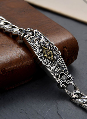 男纯银朋克风永恒藤草纹银牌手链