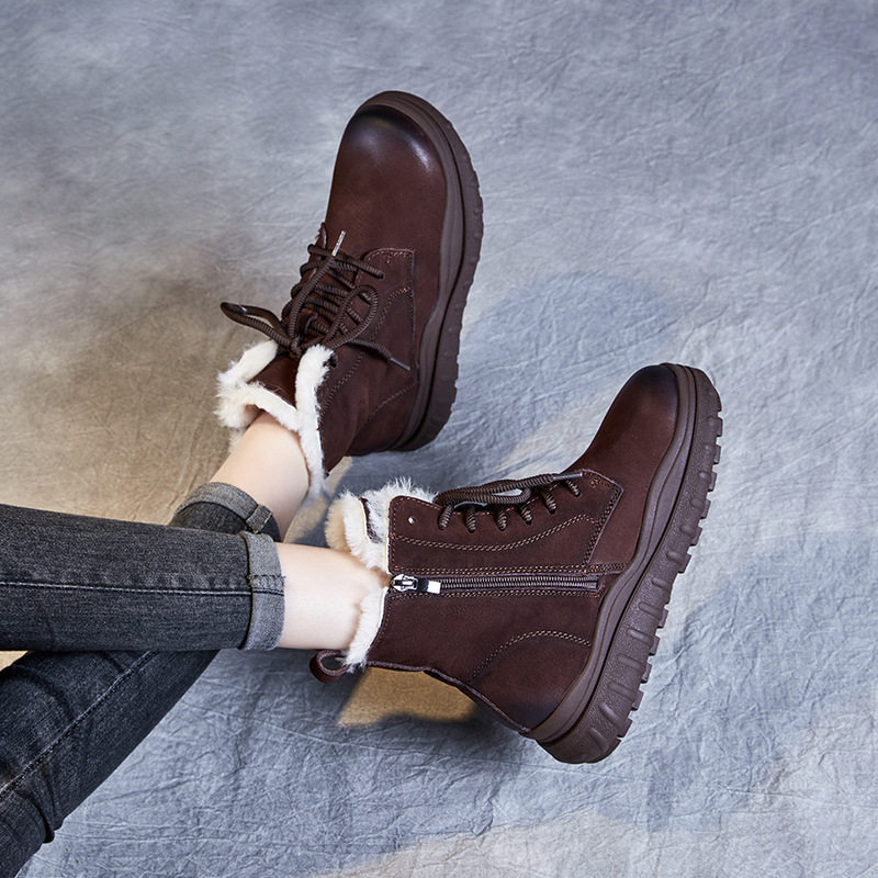 羊毛雪地靴女秋冬新款加绒加厚保暖棉靴头层牛皮圆头厚底复古短靴,淘宝优惠券,粉丝福利购,淘宝优惠卷