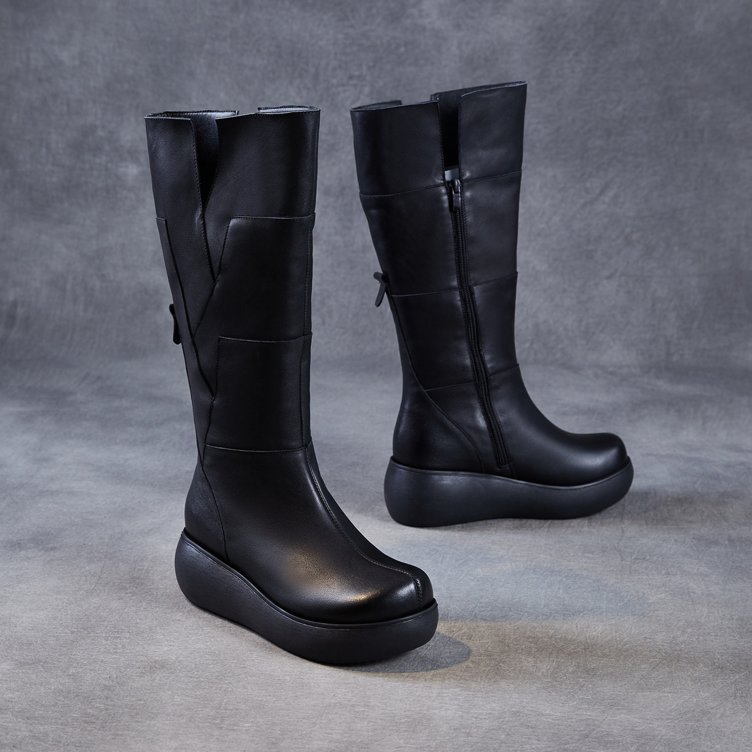 小个子坡跟厚底高筒骑士靴女2025新款冬季真皮松糕及膝加绒长筒靴,淘宝优惠券,粉丝福利购,淘宝优惠卷
