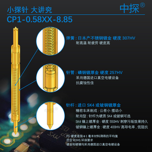 中探 BGA高频 双头探针 CP1-0.58XX-8.85 硬质铍铜或SK4镀厚金 - 图1