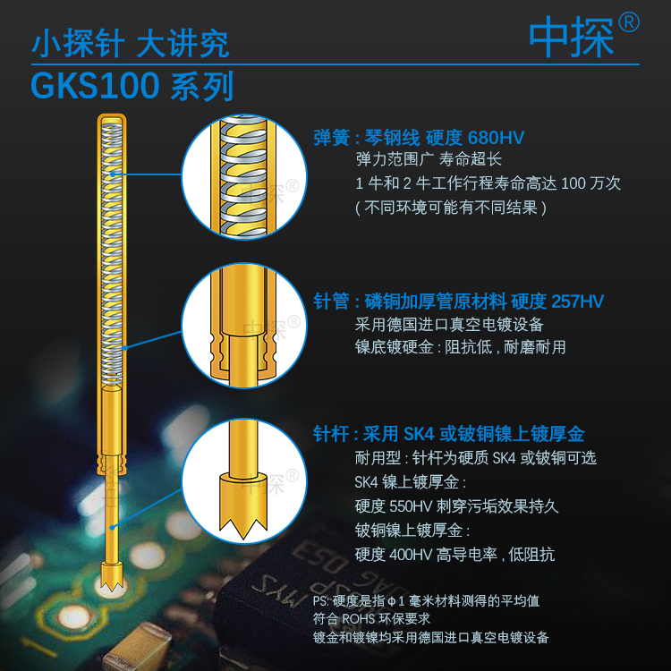 中探高品质ICT-FCT GKS100探针 INGUN 铍铜或SK4厚金 光伏弹簧针 - 图3