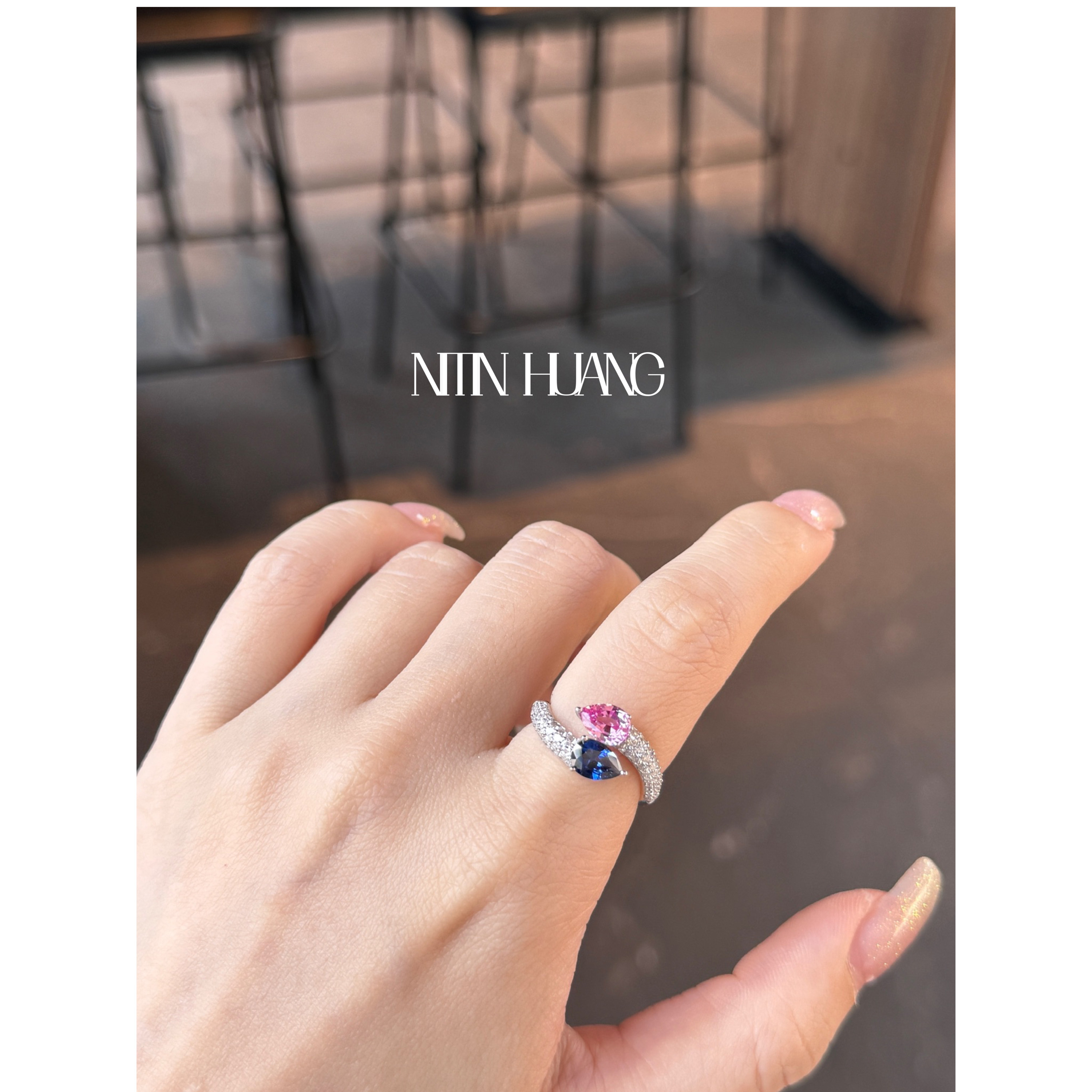 NITIN HUANG2.0.8克拉培育蓝宝石撞色戒指通体925纯银镀真金 - 图3