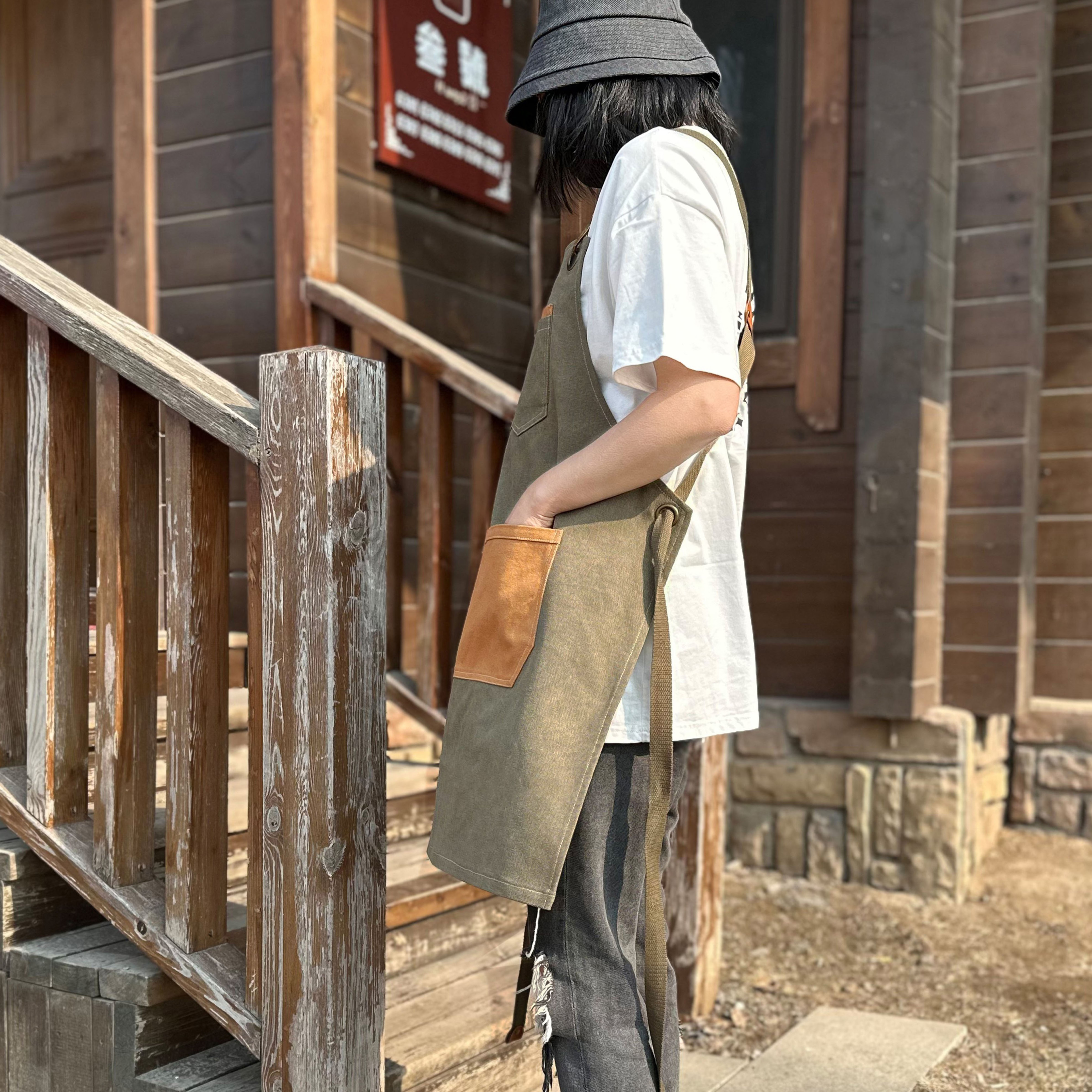 美式工装帆布围裙烧烤服酒吧咖啡店耐磨中长款防污工作服定制logo - 图2