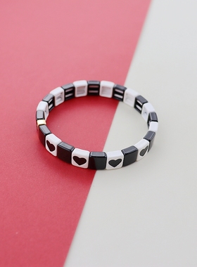RA欧美搪瓷黑色爱心黑白手镯时尚百搭个性独特设计气质高级感