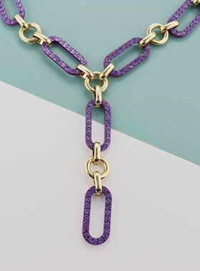 IC欧美新款合金链条项链紫色水钻装饰金属锁骨链时尚百搭
