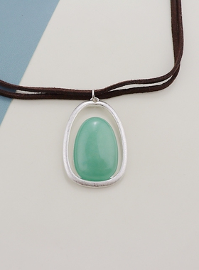 R欧美复古做旧绿色石头吊坠项链时尚百搭个性项链