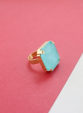 RA美国小众海蓝色镀金方形宝石戒指指环时尚ins网红女