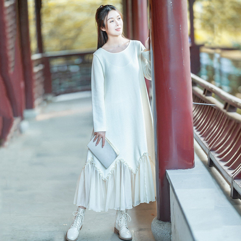 【松弛感】文艺圆领针织连衣裙春秋女2025洋气减龄拼接荷叶边长裙,淘宝优惠券,粉丝福利购,淘宝优惠卷