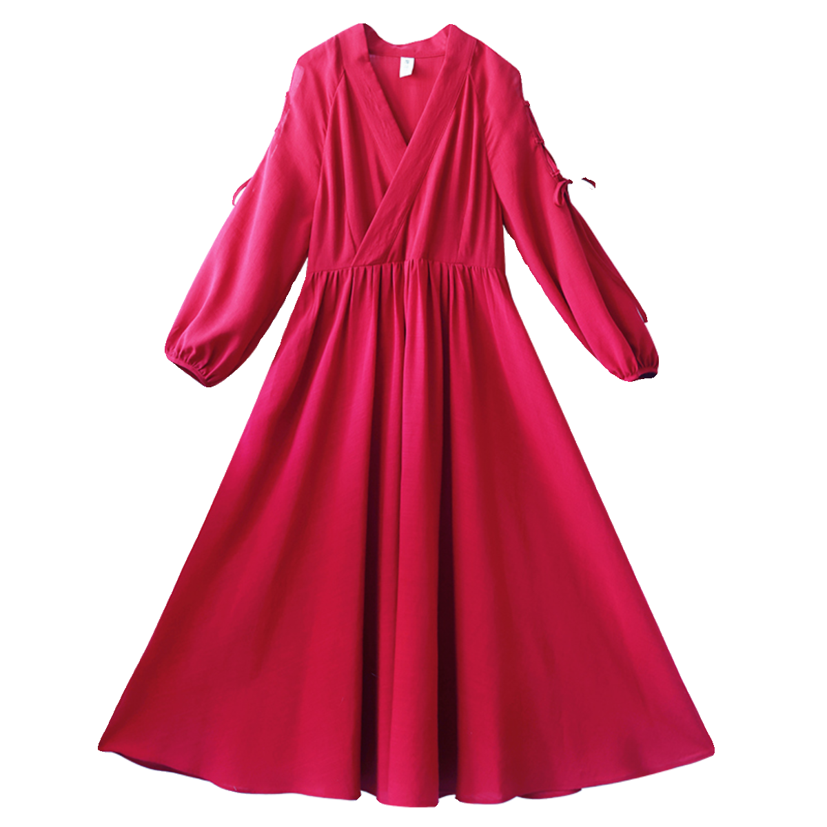 现货【朱砂流霞】文艺大摆连衣裙女春季新款V领收腰镂空系带长裙,淘宝优惠券,粉丝福利购,淘宝优惠卷