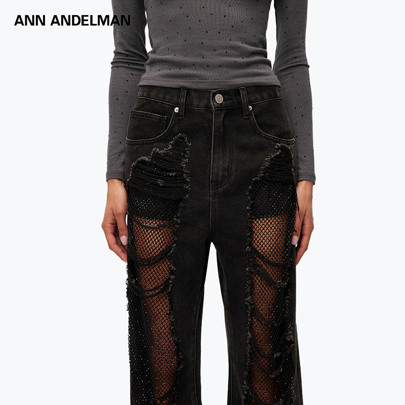 【明星同款】ANN ANDELMAN直筒宽松网纱破洞闪闪黑钻牛仔裤女,淘宝优惠券,粉丝福利购,淘宝优惠卷