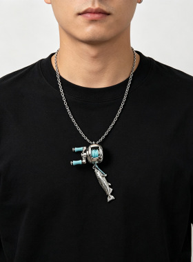 跨境独立站爆品Mini fishing reel necklace迷你鱼线轮吊坠项链男