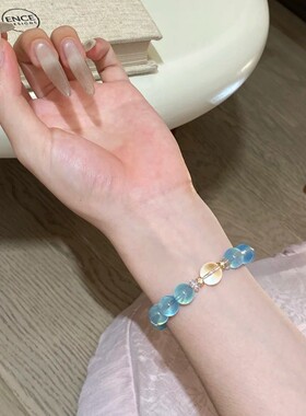 温柔海蓝人造白水晶10mm单圈手串搭配海宝蓝水晶手链女款蓝色小众