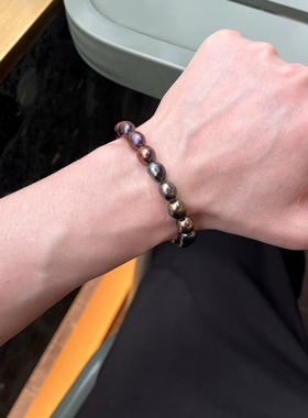 男士天然淡水珍珠手链黑色孔雀黑仿大溪地色纯银扣酷帅简约质感好