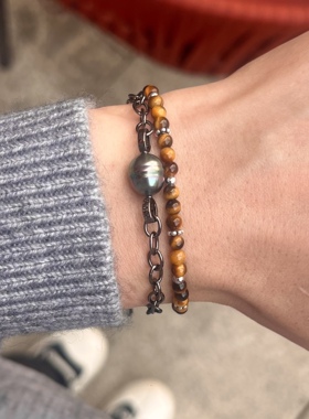 男士天然黑色系螺纹大溪地海水珍珠手链手串925纯银精工叠戴精挑