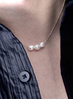 男女中性款天然珍珠项链巴洛克keshi野生珠小众锁骨链925纯银链