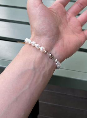 男士女士天然巴洛克珍珠手链滑面异形饱满无暇碎银子白色纯银扣