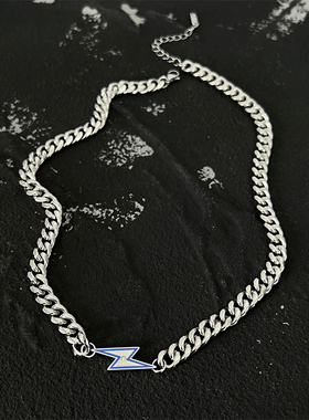 蓝色闪电项链男街头古巴项链简约