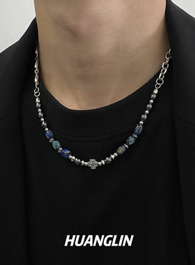 复古天然蓝石串珠金属链锁骨链