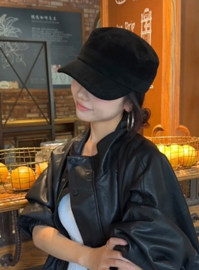 复古深棕麂皮绒平顶马术帽女