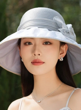 春夏季新款花朵网纱大檐防晒帽子女欧根纱遮阳透气防紫外线渔夫帽