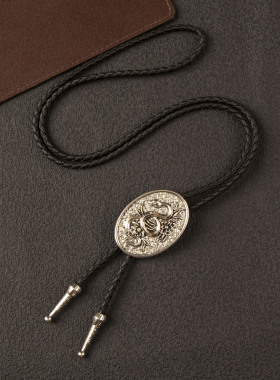 复古西部雕花波洛领带 bolo tie 做旧浮雕编织皮绳领绳项链
