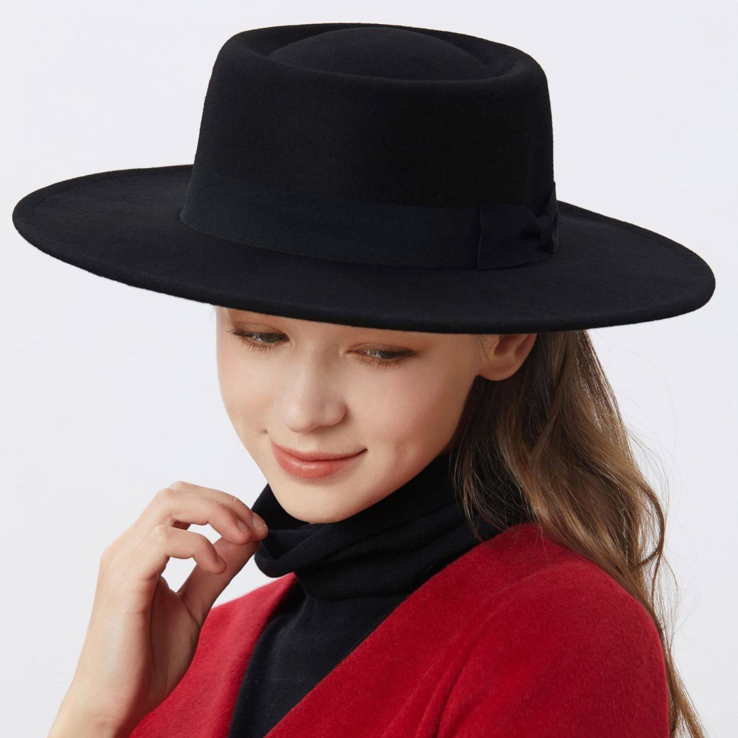 男女士时尚平顶毛呢礼帽新款英伦优雅圆环型凹呢子8.5cm大檐帽,淘宝优惠券,粉丝福利购,淘宝优惠卷