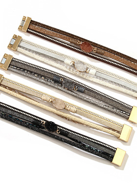 欧美复古多层豹纹手链磁扣手环