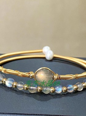 14k包金天然拉长石圆珠子手镯