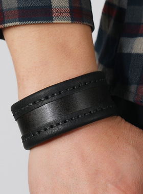 欧美朋克风简约手工缝线复古牛皮手链男士双排扣皮革手环学生配饰