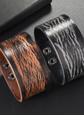 小众轻奢简约复古风宽皮手链男士个性创意朋克夸大手镯手环学生