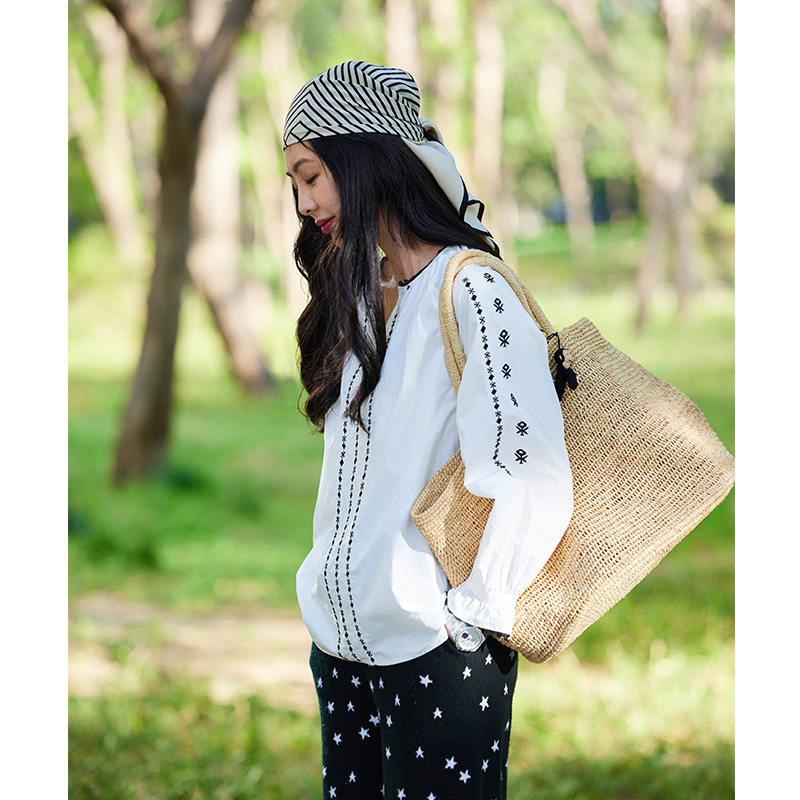 TRACYCHU春夏新品异域风女士时尚百搭休闲长袖撞色少女白色娃娃衫,淘宝优惠券,粉丝福利购,淘宝优惠卷